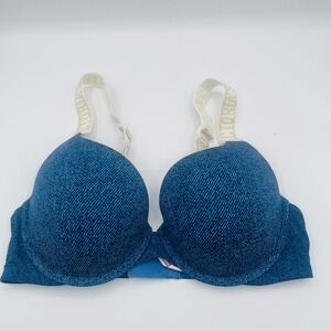 Victoria's Secret T-Shirt Push-Up Bra Blue Denim Print Women 36C Logo Strap Sexy